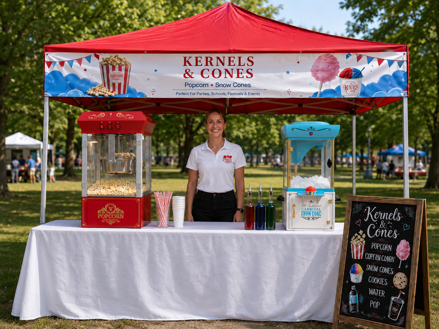 The Kernels and Cones festival booth setup with popcorn, cotton candy, and snow cone machines