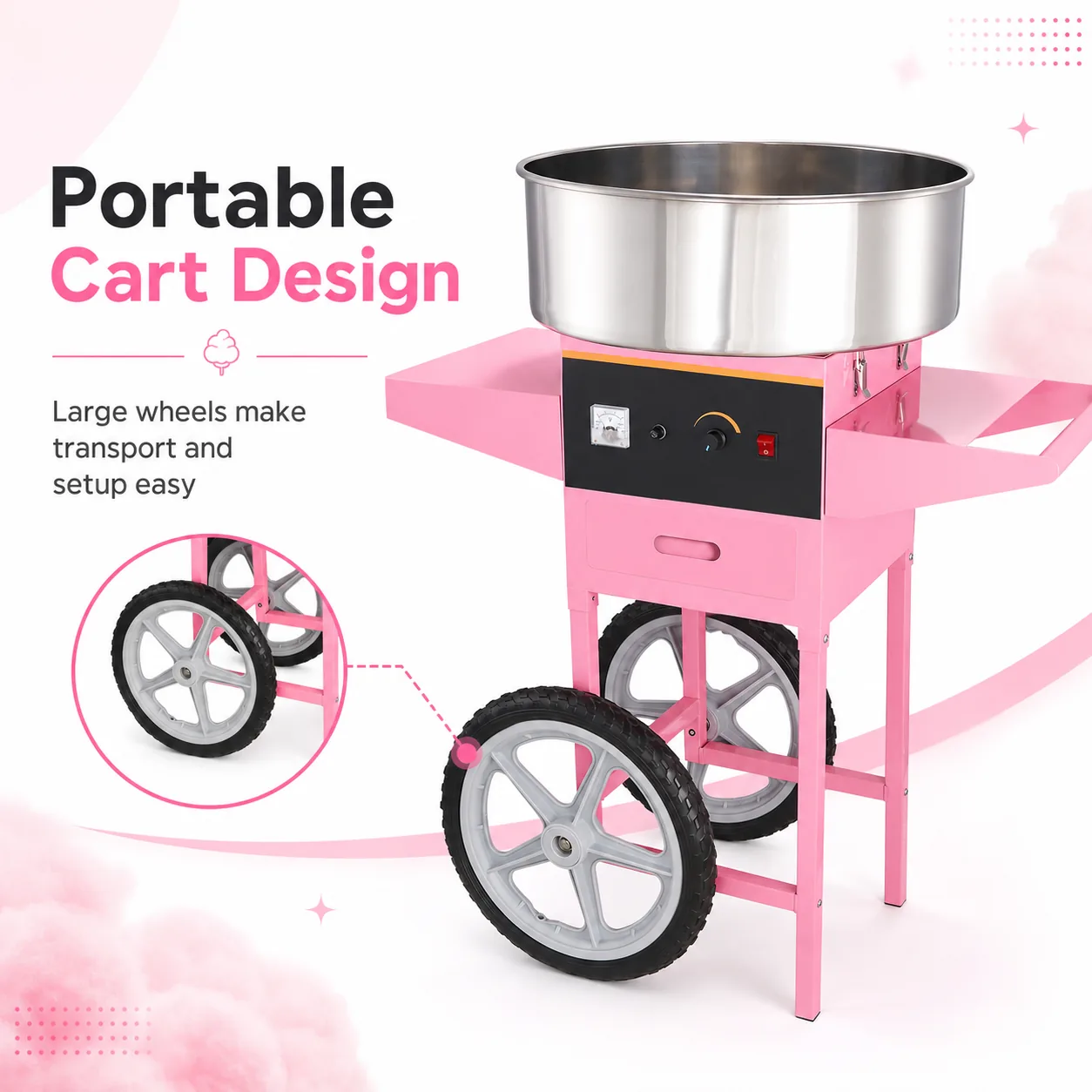 Cotton candy cart with convenient side shelves and storage