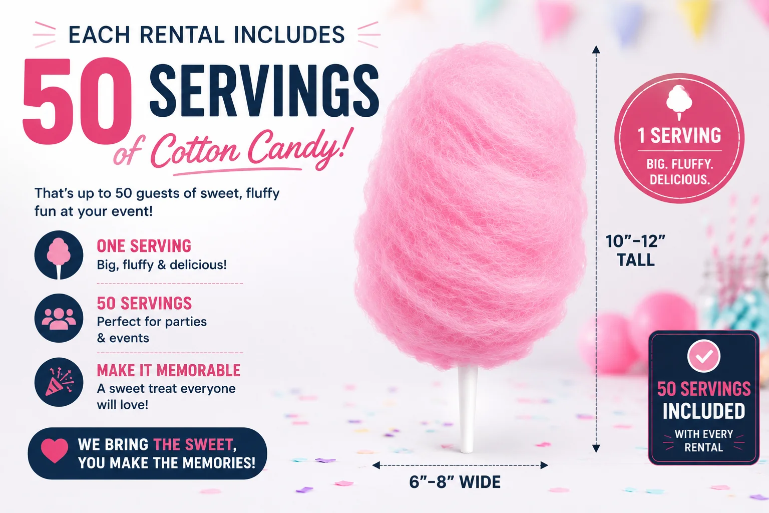 Cotton candy serving size guide: one serving is a big fluffy cone about 10 to 12 inches tall and 6 to 8 inches wide, with 50 servings included in every Pickering rental.