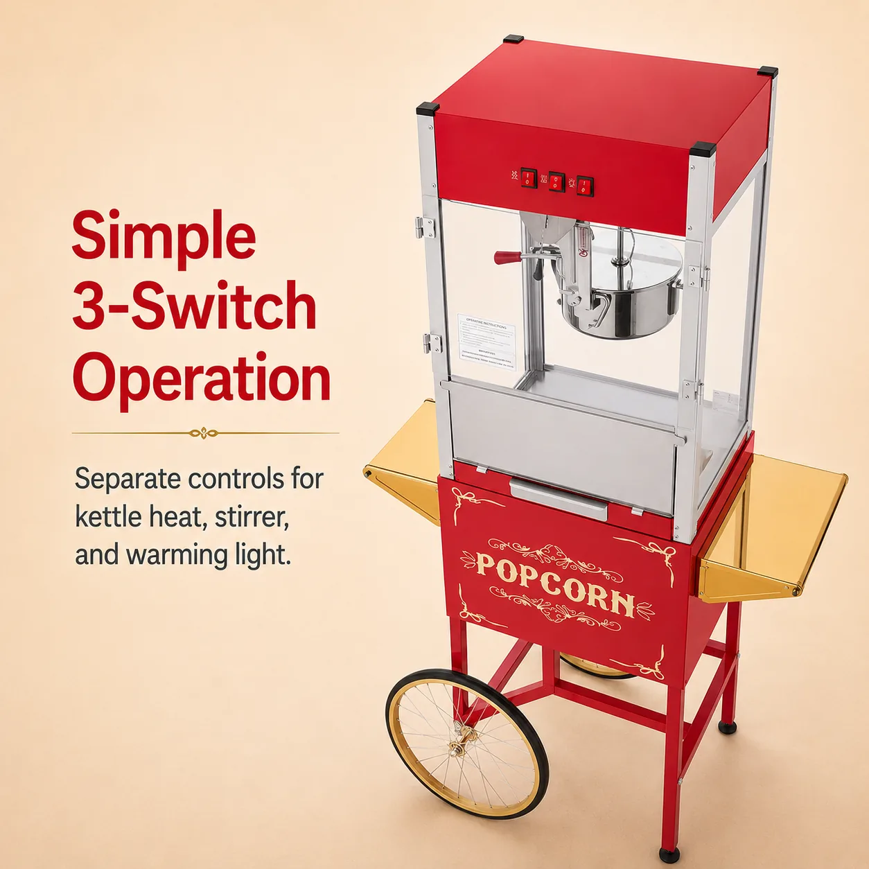 Three-switch control panel on the 12oz commercial popcorn machine