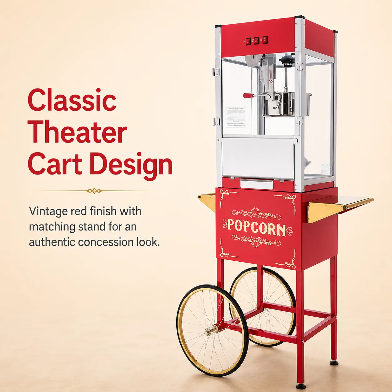 12oz commercial popcorn machine on a free-standing theater-style cart with wheels
