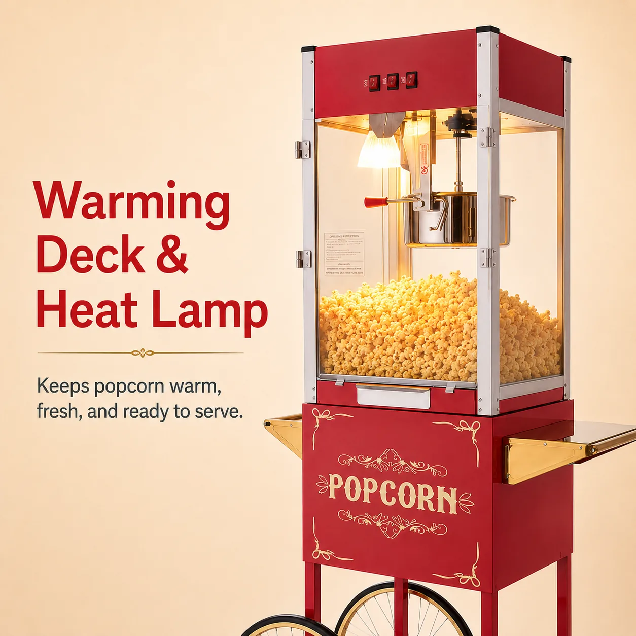 Heated warming deck and heat lamp on the 12oz popcorn machine