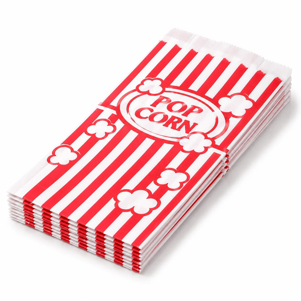 A stack of classic red-and-white 1 oz popcorn bags