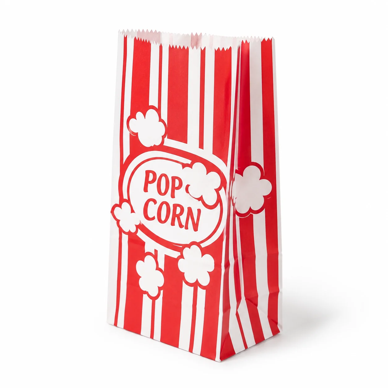 Red-and-white popcorn serving bag, front view