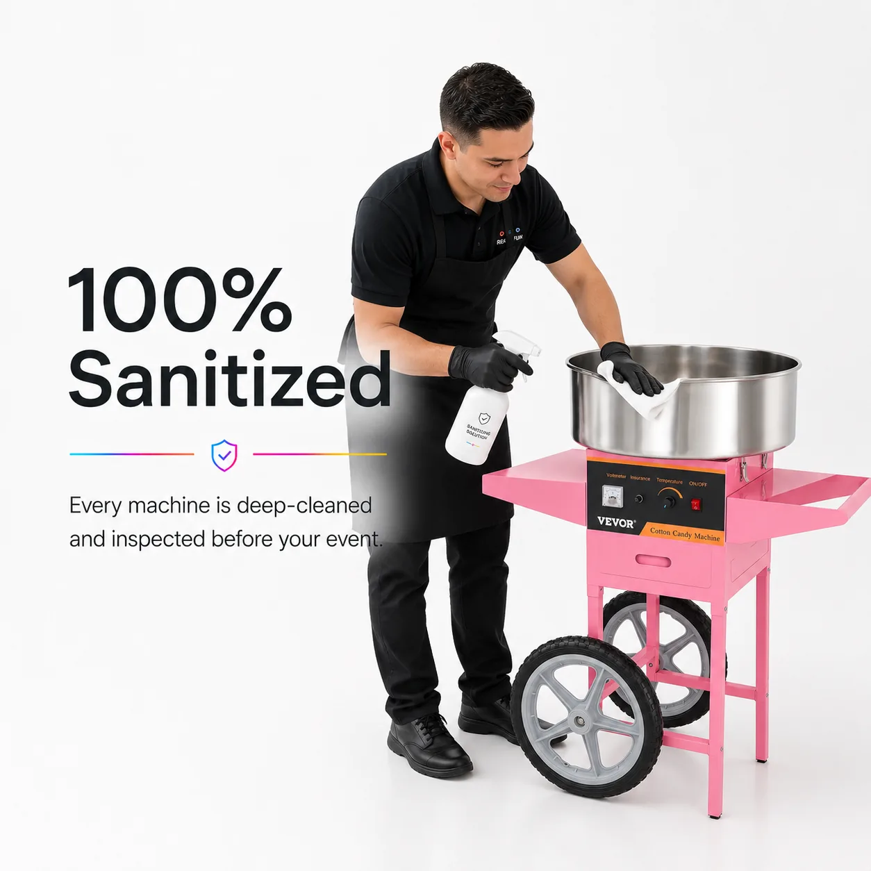 100% sanitized machines, deep-cleaned and inspected before every event
